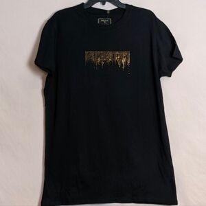 SikSilk Black Short Sleeve Creep Tee with Gold Rhinestones size Large